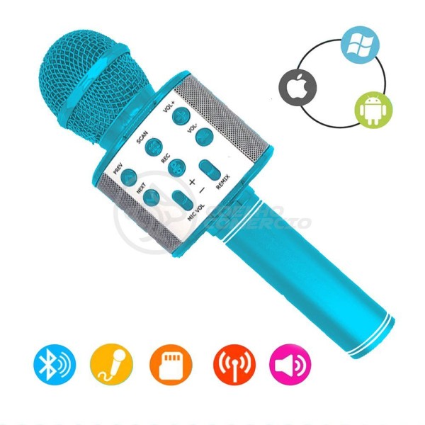 Encontraproduto.com.br - Microfone Bluetooth Wster Ws-858 S/Fio Mini Karaokê Azul