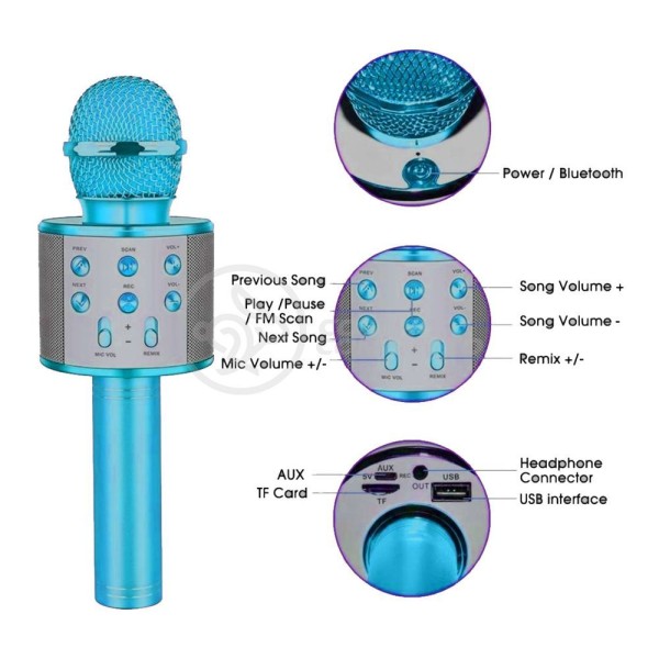 Encontraproduto.com.br - Microfone Bluetooth Wster Ws-858 S/Fio Mini Karaokê Azul