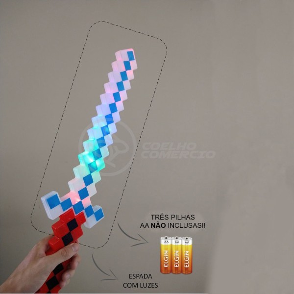 Encontraproduto.com.br - Brinquedo Espada Pixel Estilo Minecraft 58cm Diamante com Som e Luz à Pilha Cor:Azul;Tamanho:Único;Gênero:Masculino