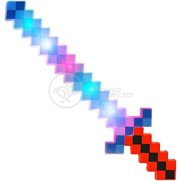 Encontraproduto.com.br - Brinquedo Espada Pixel Estilo Minecraft 58cm Diamante com Som e Luz à Pilha Cor:Azul;Tamanho:Único;Gênero:Masculino