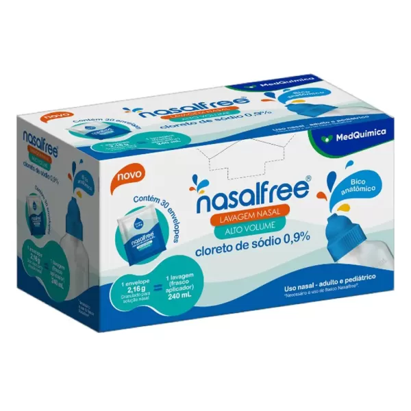 Encontraproduto.com.br - Nasalfree Alto Volume 9mg/ml Pó para Solução Nasal com 30 Envelopes e Frasco 240ml