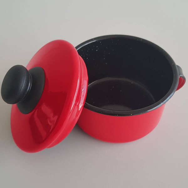 Encontraproduto.com.br - Açucareiro Esmaltado 450ml Suporte Porta Açúcar com Alças e Tampa com Pegador de Baquelite Vermelho