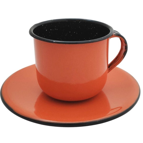 Encontraproduto.com.br - Caneca Esmaltada Xícara Com Pires Para Chá Café 180ml Laranja