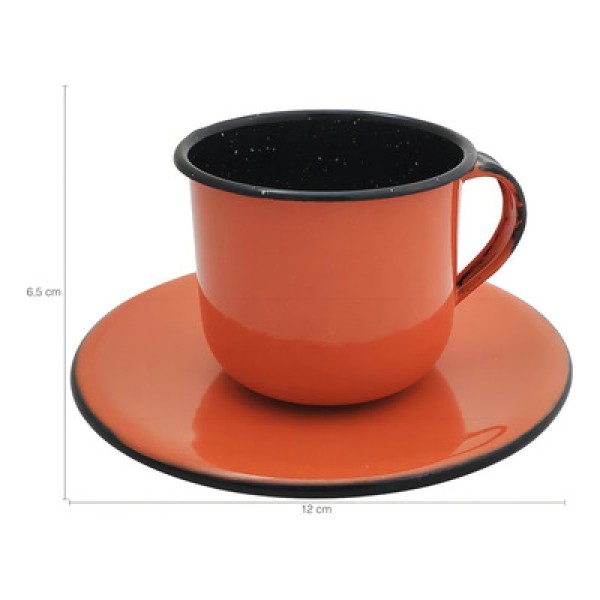 Encontraproduto.com.br - Caneca Esmaltada Xícara Com Pires Para Chá Café 180ml Laranja