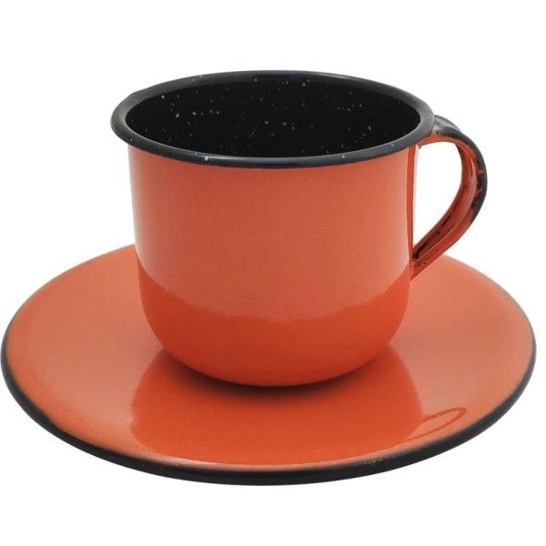 Encontraproduto.com.br - Caneca Esmaltada Xícara Com Pires Para Chá Café 180ml Laranja