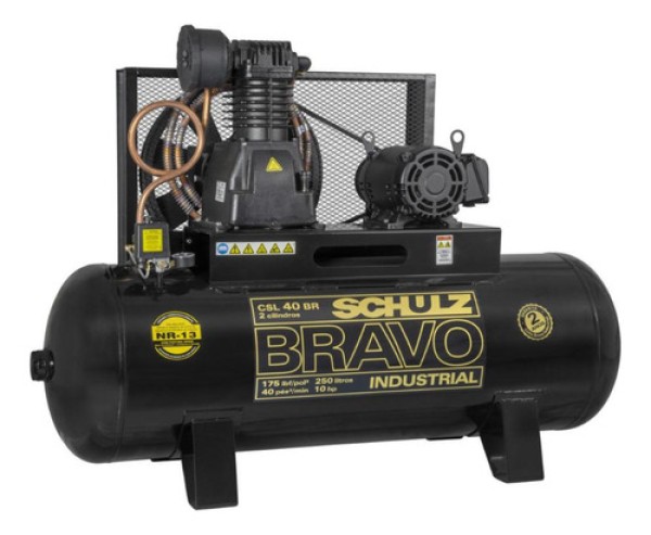 Compressor de Ar 40pcm 175psi Schulz Bravo CSL 40BR/250 10cv 261L Trifásico