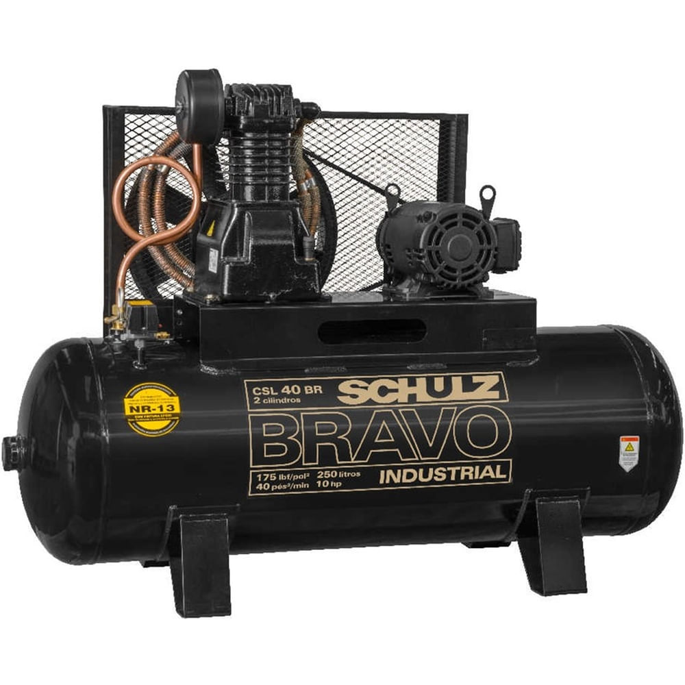 Compressor de Ar 40pcm 175psi Schulz Bravo CSL 40BR/250 10cv 261L Trifásico