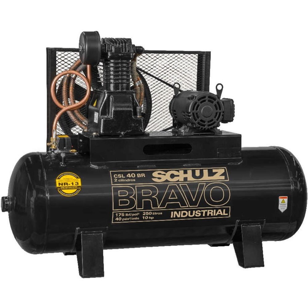 Encontraproduto.com.br - Compressor de Ar 40pcm 175psi Schulz Bravo CSL 40BR/250 10cv 261L Trifásico