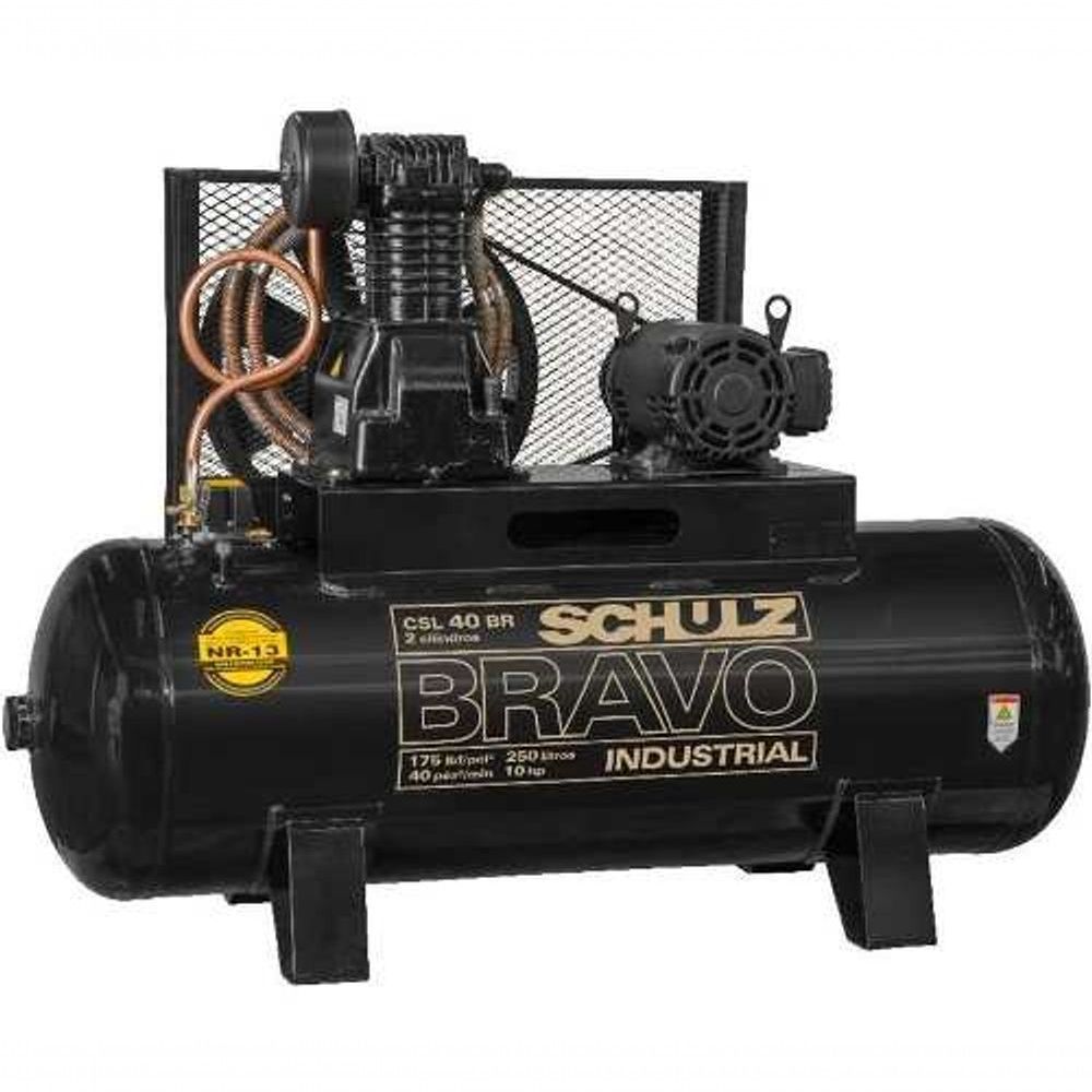 Encontraproduto.com.br - Compressor de Ar 40pcm 175psi Schulz Bravo CSL 40BR/250 10cv 261L Trifásico