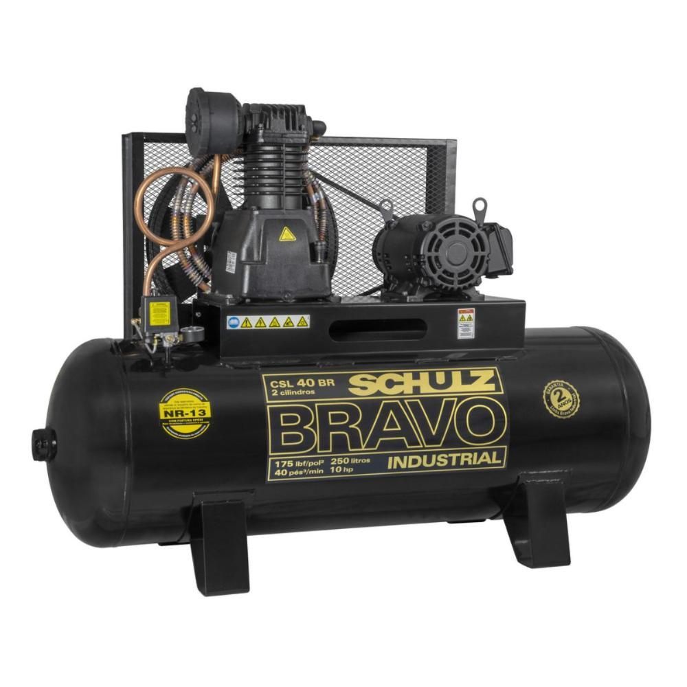 Encontraproduto.com.br - Compressor de Ar 40pcm 175psi Schulz Bravo CSL 40BR/250 10cv 261L Trifásico