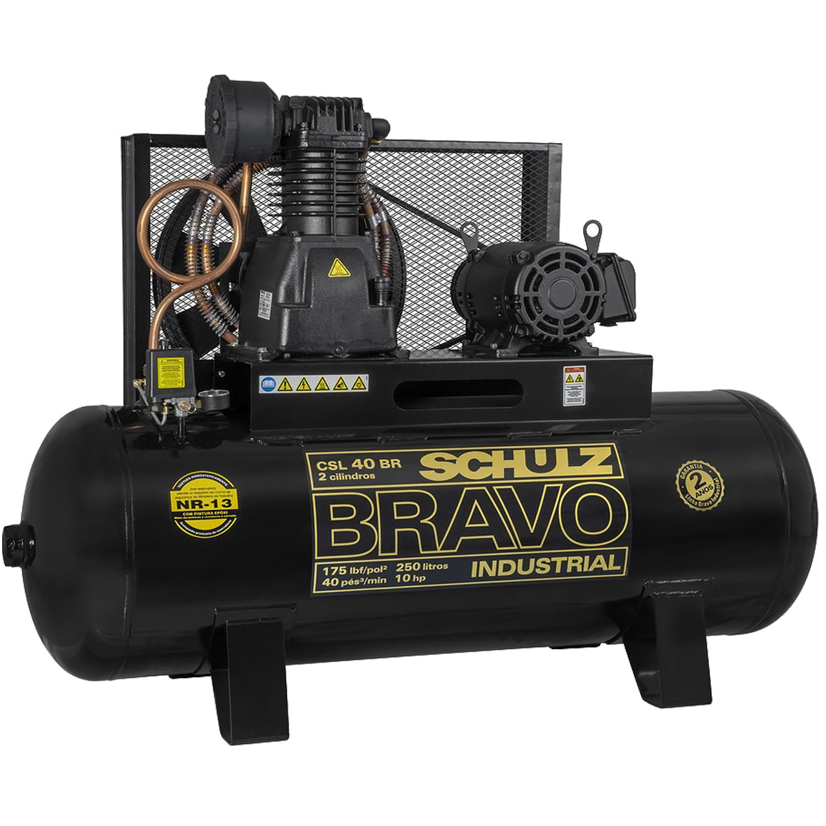 Encontraproduto.com.br - Compressor de Ar 40pcm 175psi Schulz Bravo CSL 40BR/250 10cv 261L Trifásico