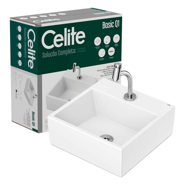 Encontraproduto.com.br - Kit Cuba de apoio Basic Q1, Torneira bica baixa Basic e complementos de instalac?o branco Celite #1737250010300
