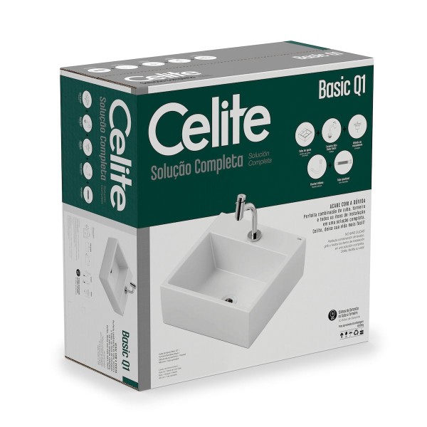 Encontraproduto.com.br - Kit Cuba de apoio Basic Q1, Torneira bica baixa Basic e complementos de instalac?o branco Celite #1737250010300