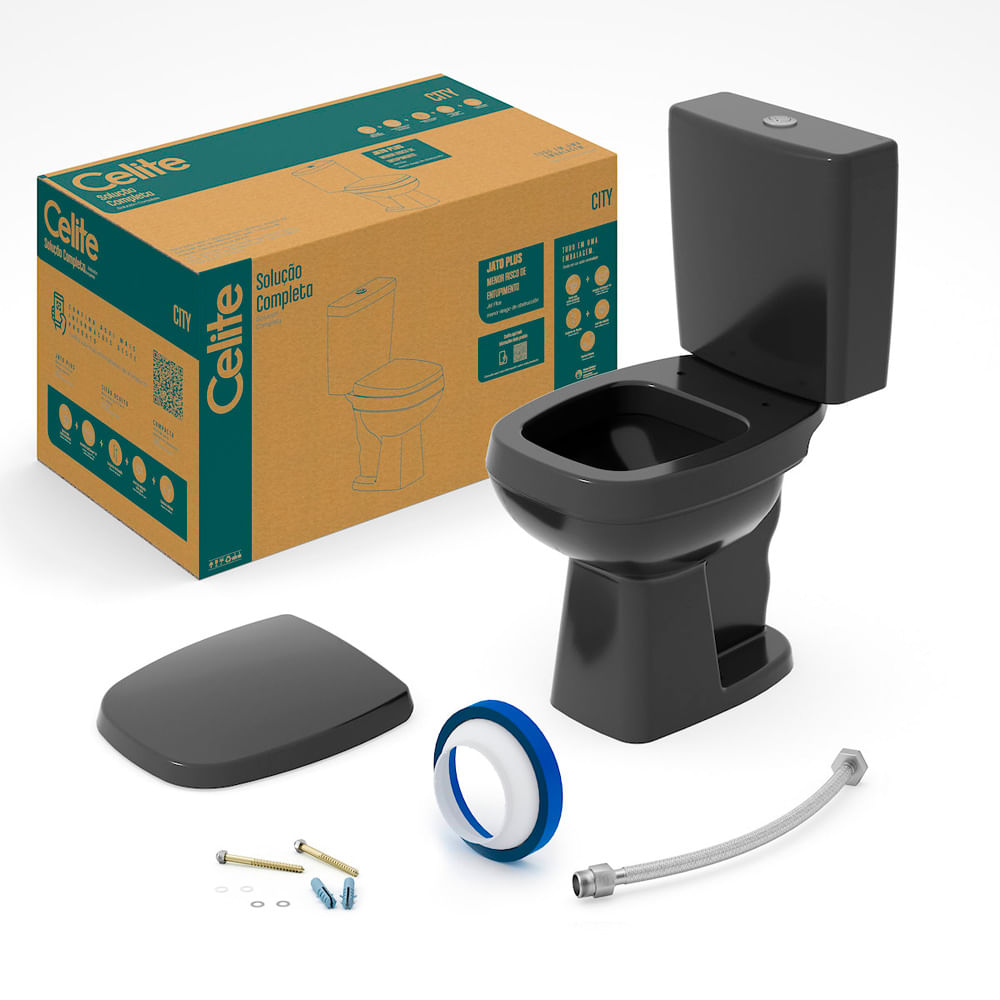 Encontraproduto.com.br - Kit Bacia Caixa Assento Polipropileno Fit Plus Preto Celite