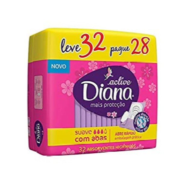 Encontraproduto.com.br - DIANA ACTIVE ABSORVENTE SUAVE COM ABAS LEVE 32 PAGUE 28 UNIDADES x 32