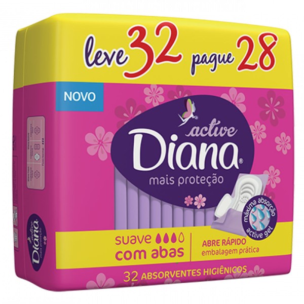 Encontraproduto.com.br - DIANA ACTIVE ABSORVENTE SUAVE COM ABAS LEVE 32 PAGUE 28 UNIDADES x 32