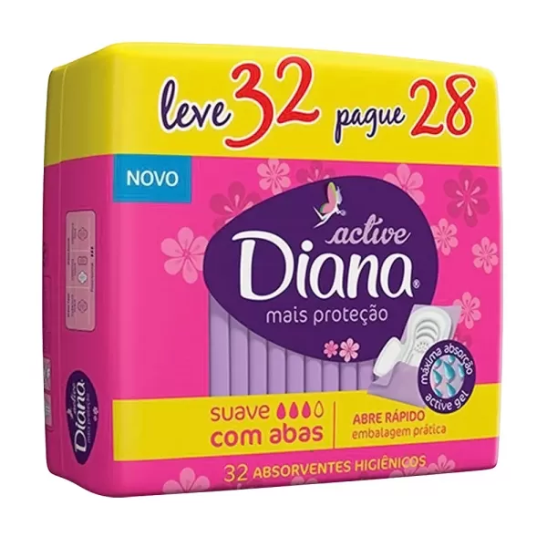 Encontraproduto.com.br - DIANA ACTIVE ABSORVENTE SUAVE COM ABAS LEVE 32 PAGUE 28 UNIDADES x 32