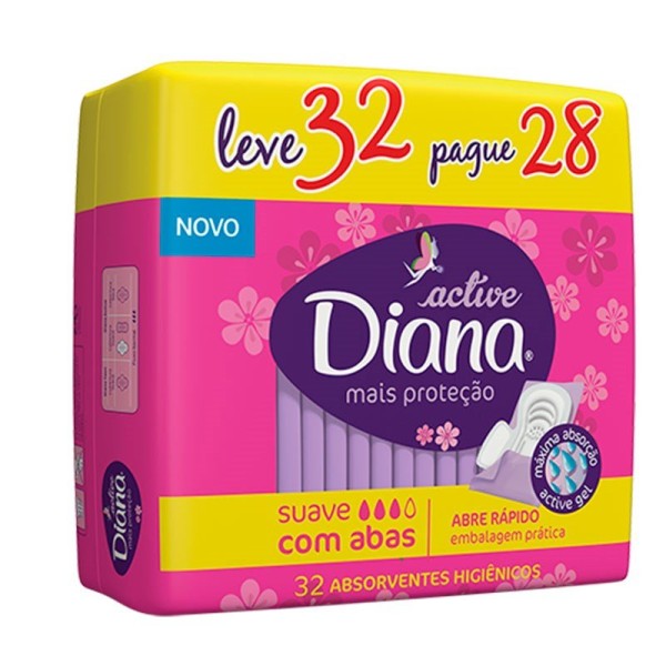 Encontraproduto.com.br - DIANA ACTIVE ABSORVENTE SUAVE COM ABAS LEVE 32 PAGUE 28 UNIDADES x 32