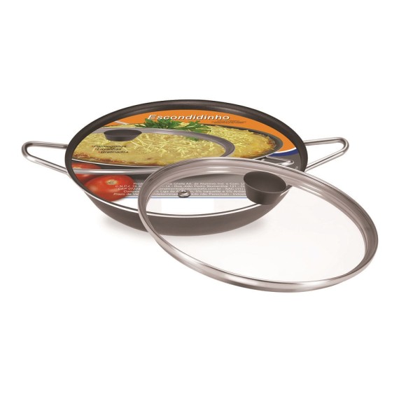 Encontraproduto.com.br - Escondidinho com tampa de vidro - antiaderente 20 cm - Preta