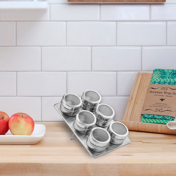 Encontraproduto.com.br - Porta Condimento 6 potes de aço inox com visor e suporte magnético retangular