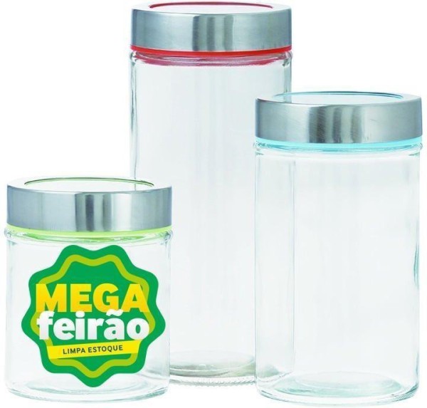 Pote de Mantimentos de Vidro Hermético Hauskraft Transparente Kit com 3 Peças