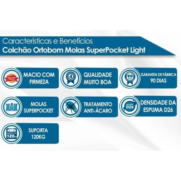 Encontraproduto.com.br - Colchão Solteiro Molas Ensacadas Superpocket Light Ortopillow (88x188x26) Ortobom