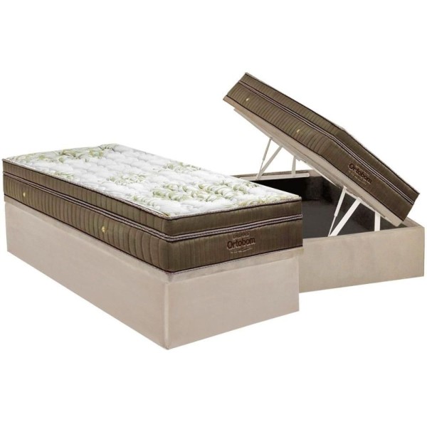Encontraproduto.com.br - Cama Box Baú Solteiro: Colchão Molas Ensacadas Ortobom Superpocket Gold Visco Ultragel Pilow Touch + Base Crc Suede Clean(88x188)