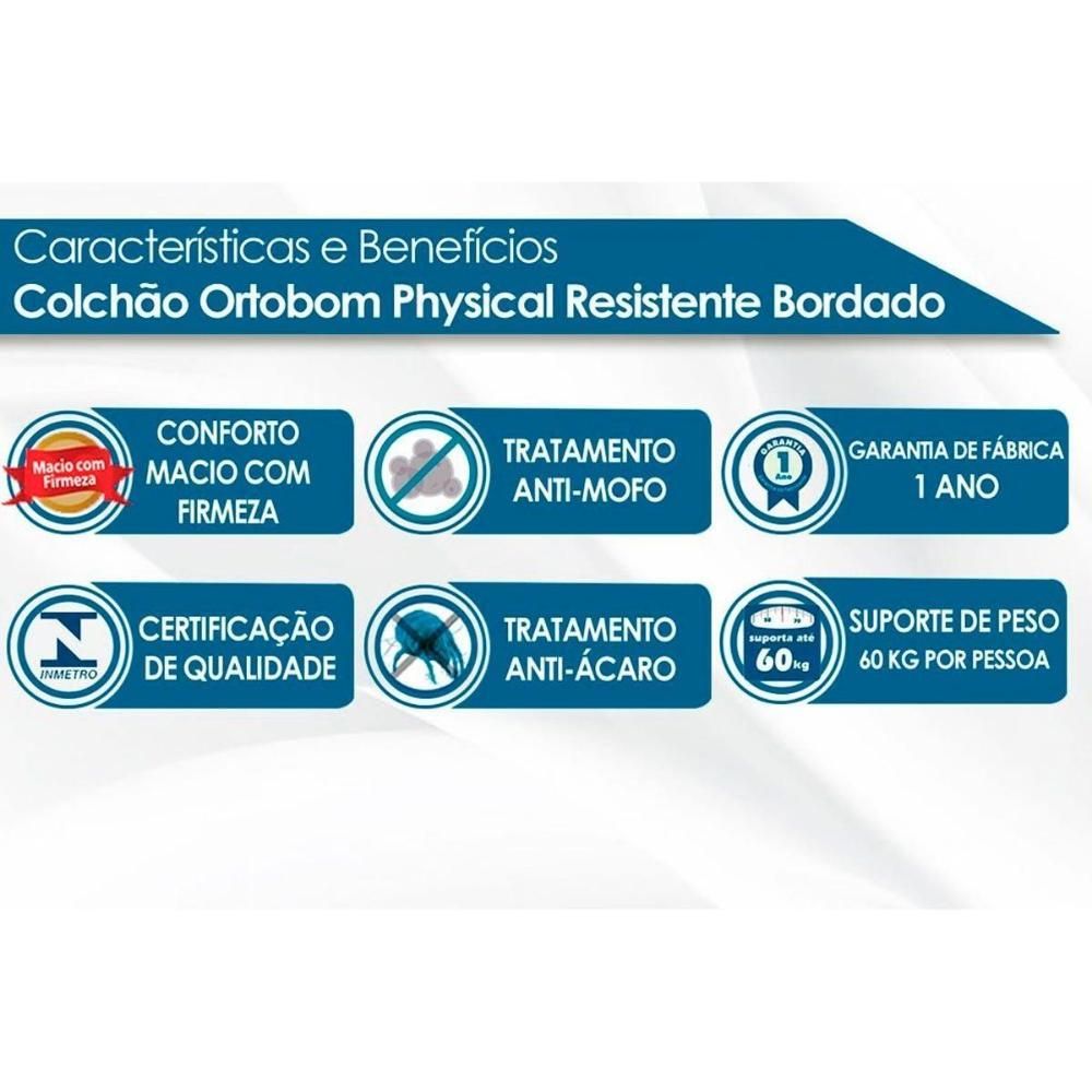 Encontraproduto.com.br - Conjunto Box Baú Solteiro Colchão Espuma Ortobom D20 Physical Resistente Bordado + Base Crc Courano White(88x188)