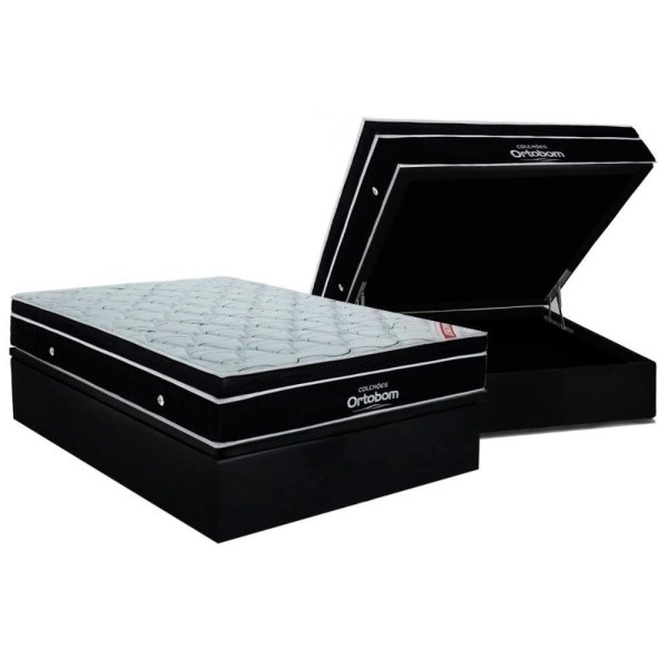 Encontraproduto.com.br - Conjunto Box Baú Casal: Colchão Espuma Ortobom Superpocket Elegant + Base Crc Suede Black(138x188)