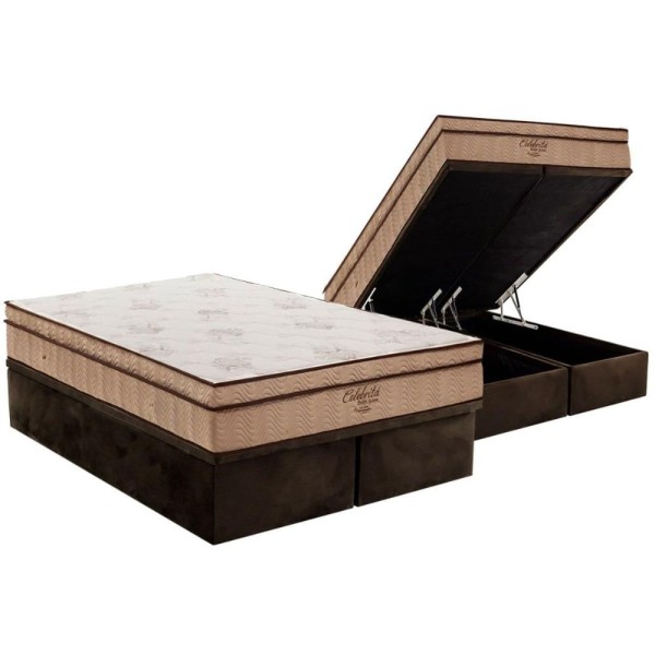 Encontraproduto.com.br - Cama Box Baú Queen: Colchão Molas Ortobom SuperPocket Celebrita + Base CRC Suede Brown(158x198)
