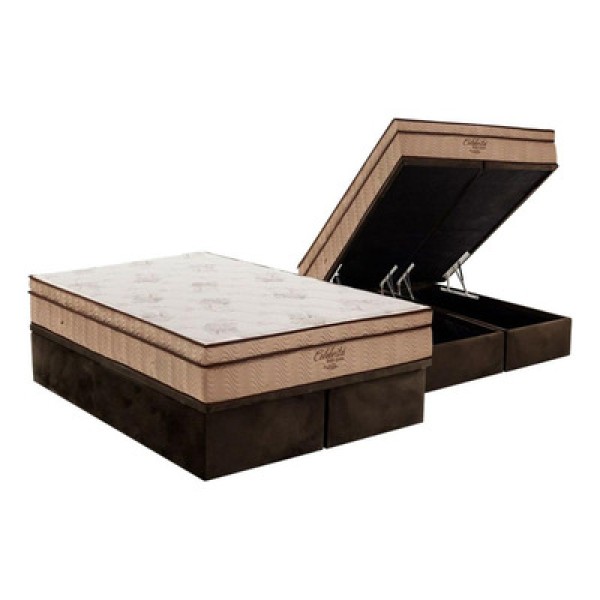 Encontraproduto.com.br - Cama Box Baú Queen: Colchão Molas Ortobom SuperPocket Celebrita + Base CRC Suede Brown(158x198)