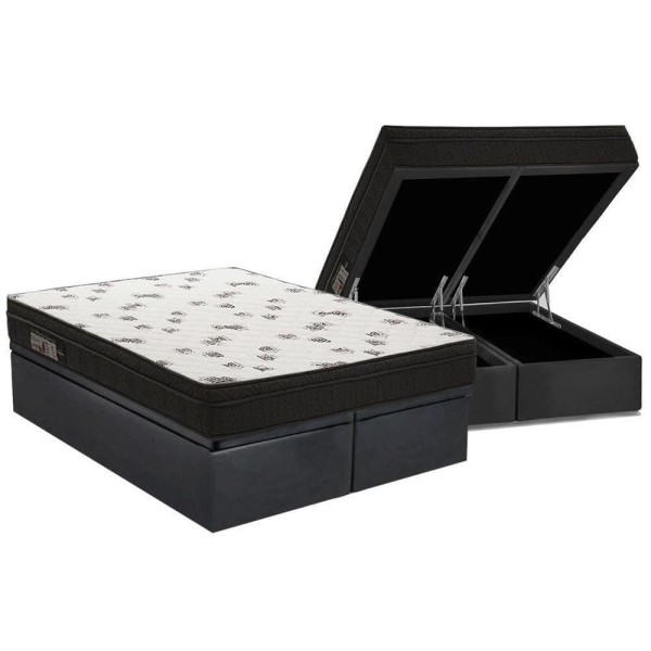 Encontraproduto.com.br - Cama Box Baú Queen: Colchão Espuma Ortobom D45 Light Saúde OrtoPillow + Base CRC Suede Gray(158x198)