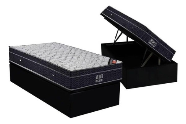 Encontraproduto.com.br - Cama Box Baú Solteiro: Colchão Molas Ortobom Nanolastic Airtech Progressive + Base Crc Suede Black(88x188)