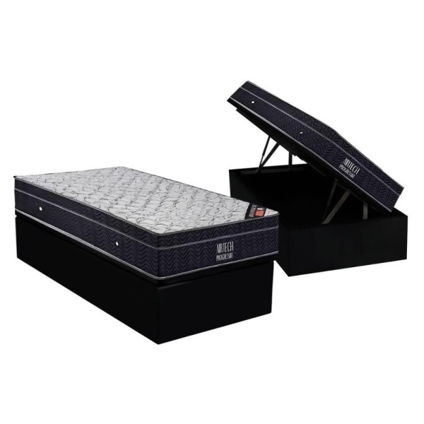 Encontraproduto.com.br - Cama Box Baú Solteiro: Colchão Molas Ortobom Nanolastic Airtech Progressive + Base Crc Suede Black(88x188)