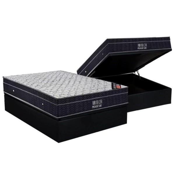 Encontraproduto.com.br - Cama Box Baú Casal: Colchão Molas Ortobom Nanolastic Airtech Progressive + Base Black(138X188)