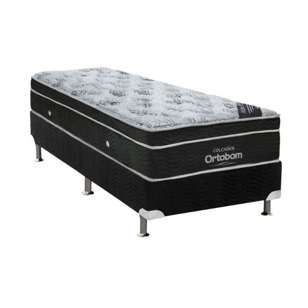 Cama Box Solteiro: Colchão Molas Ortobom Nanolastic Exclusive Eucalipto + Base Black(88X188)