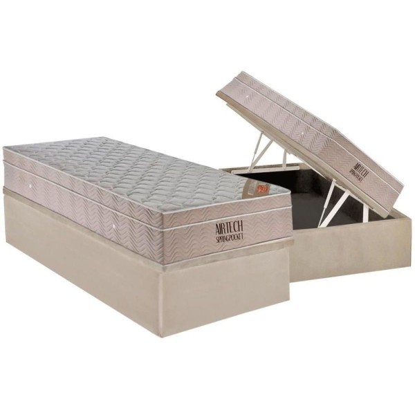 Encontraproduto.com.br - Cama Box Baú Solteiro: Colchão Molas Superpocket Ensacadas Ortobom Fort Airtech Spring + Base Crc Suede Clean(88x188)