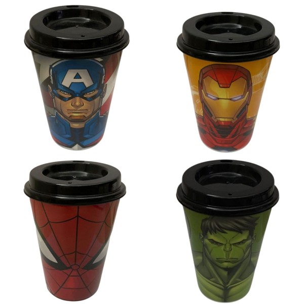 Encontraproduto.com.br - Kit 4 Copos para Café 320ml com Tampa Avengers