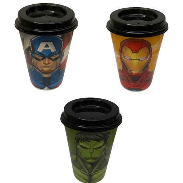 Encontraproduto.com.br - Kit 4 Copos para Café 320ml com Tampa Avengers