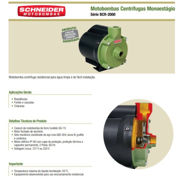 Encontraproduto.com.br - Motobomba Centrífuga Schneider Bcr-2000 1/4 CV 127 Volts
