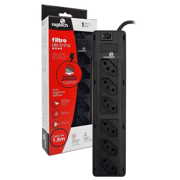 Encontraproduto.com.br - Filtro De Linha Ragtech Flh 6t, Bivolt Automático, 6 Tomadas, Preto - 2040