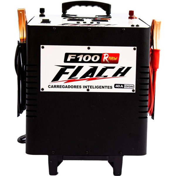 Encontraproduto.com.br - Carregador de Bateria Inteligente 12/24V com Auxilio de Partida 100A Bivolt Flach F100 RNEW