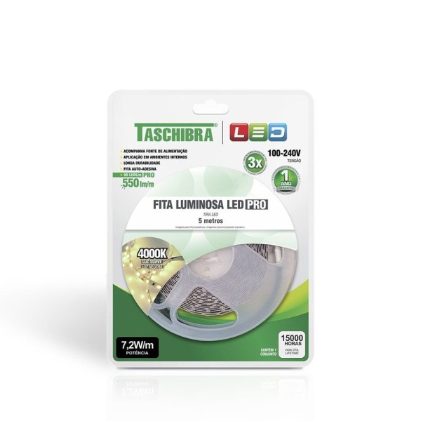 Encontraproduto.com.br - Fita Led Pro Taschibra 7,2w 90 Leds-m 5m 12v Com Fonte Autovolt Ip20 4000k