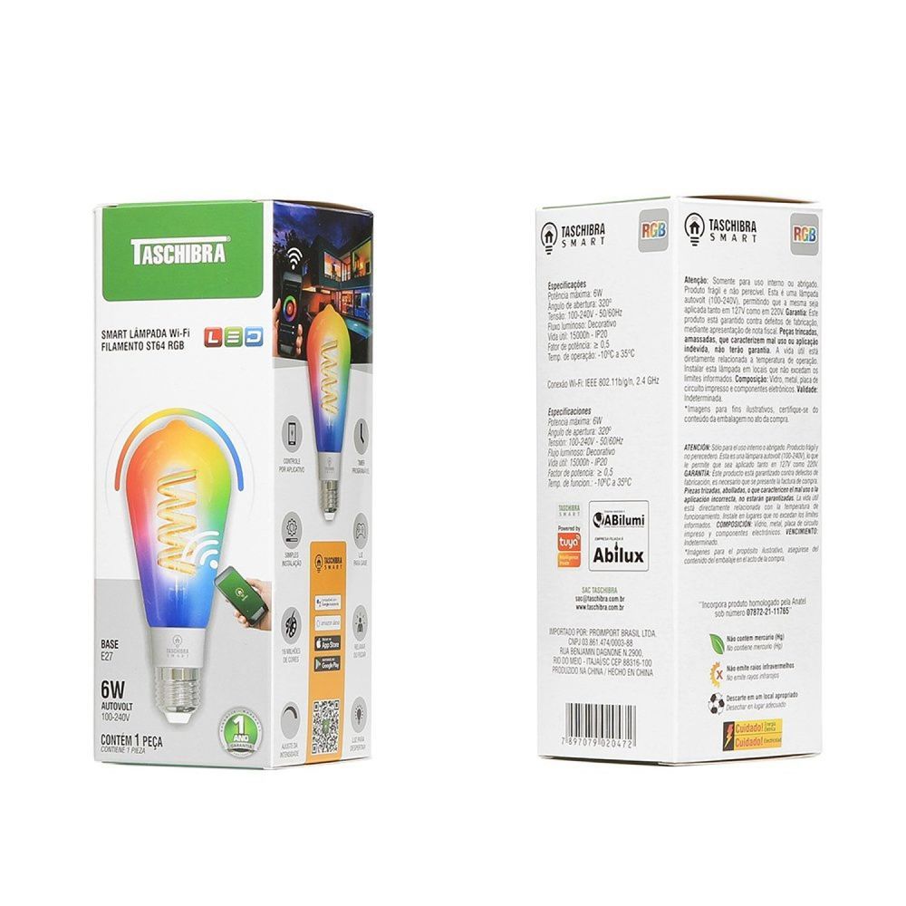Encontraproduto.com.br - Lâmpada Led Smart Wi-fi Inteligente St64 Filamento 6w E27 Rgb Taschibra
