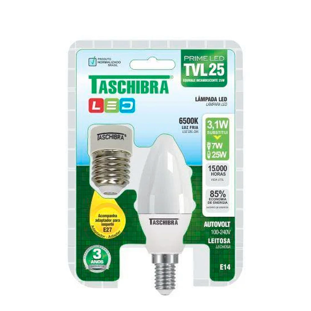 Encontraproduto.com.br - Lâmpada Led Vela TVL250 3W 6500K E14/E27 Leitosa Bivolt  Taschibra