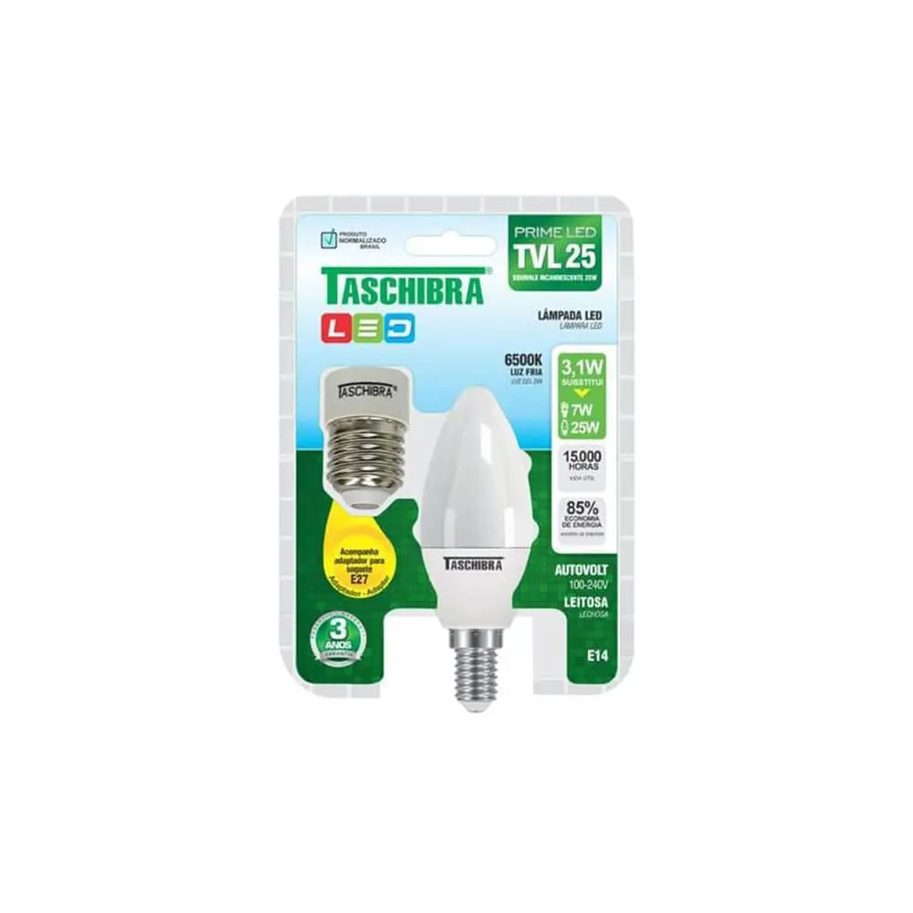 Encontraproduto.com.br - Lâmpada Led Vela TVL250 3W 6500K E14/E27 Leitosa Bivolt  Taschibra