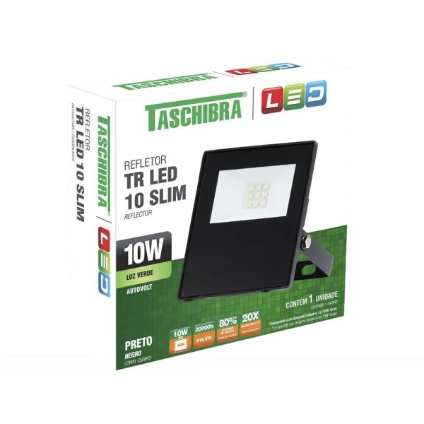 Encontraproduto.com.br - Refletor Tr Led 10w Slim 9,2x2,5x9,1cm - Taschibra Verde - Branco