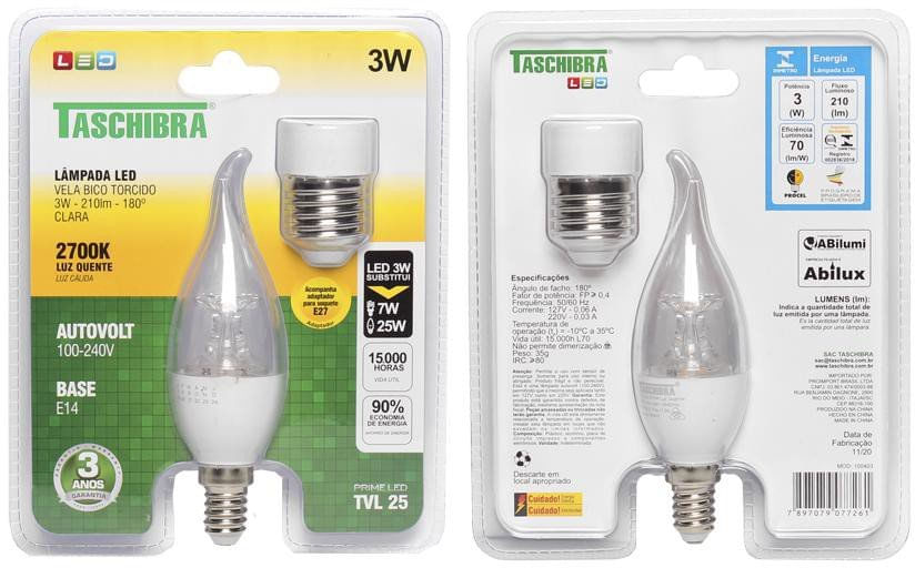 Encontraproduto.com.br - Lâmpada Led Vela Bico Torcido Tvl 3w Taschibra E14/e27 Bivolt 2700k Luz Quente