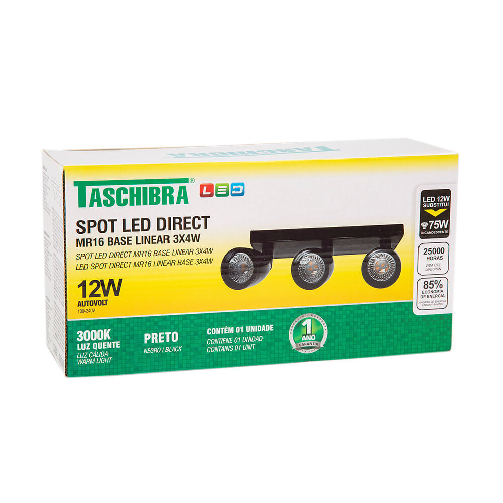 Encontraproduto.com.br - Trilho 3 Lâmpadas LED 12W Direct Linea 3000K Preto Luz Amarela Taschibra