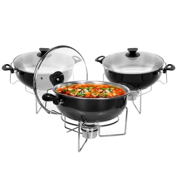 Encontraproduto.com.br - Kit 3 Rechaud Preto A álcool Com Tampa De Vidro 6,5l